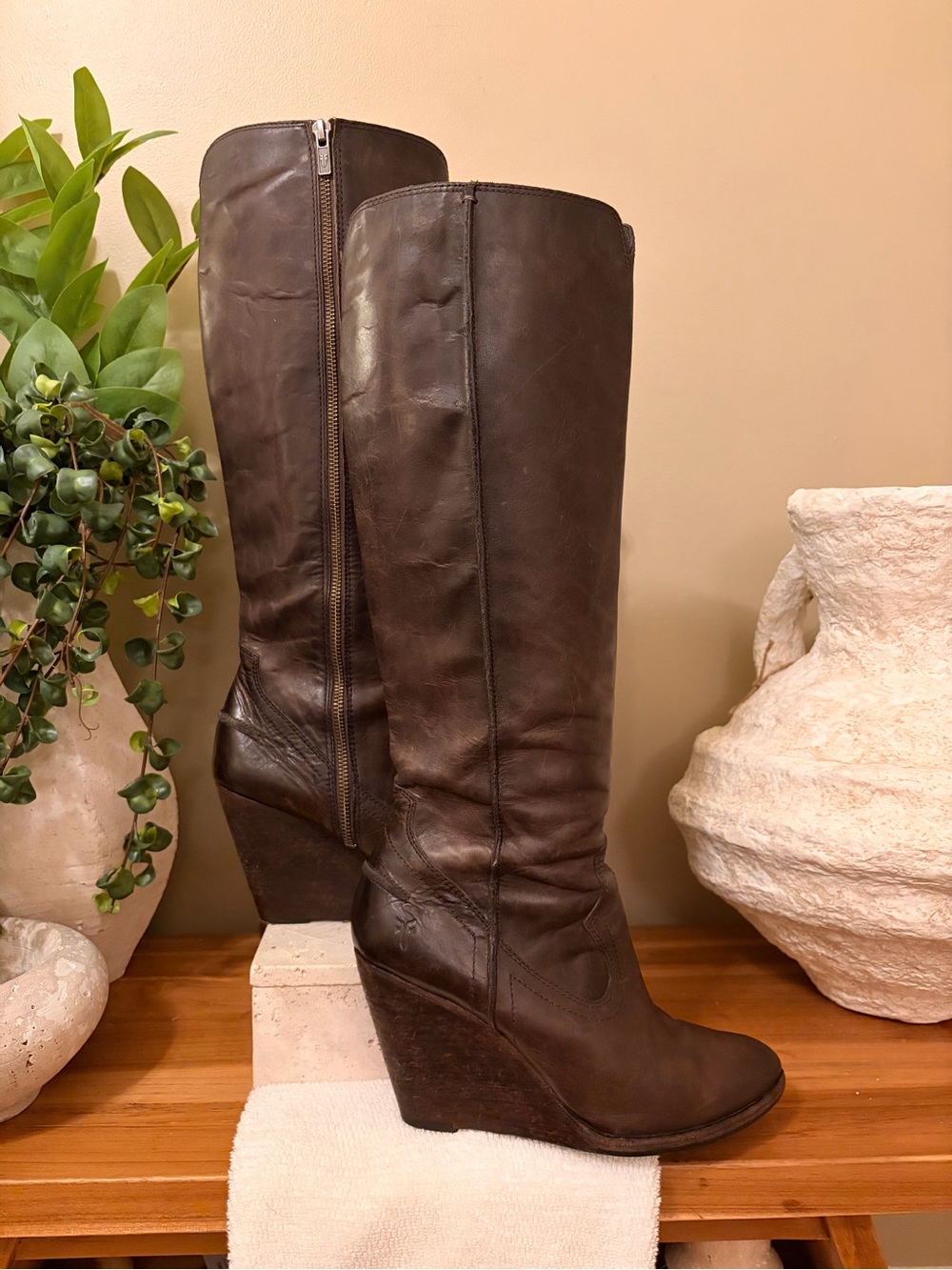 Frye Dark Brown Leather Wedge Knee-High Boots